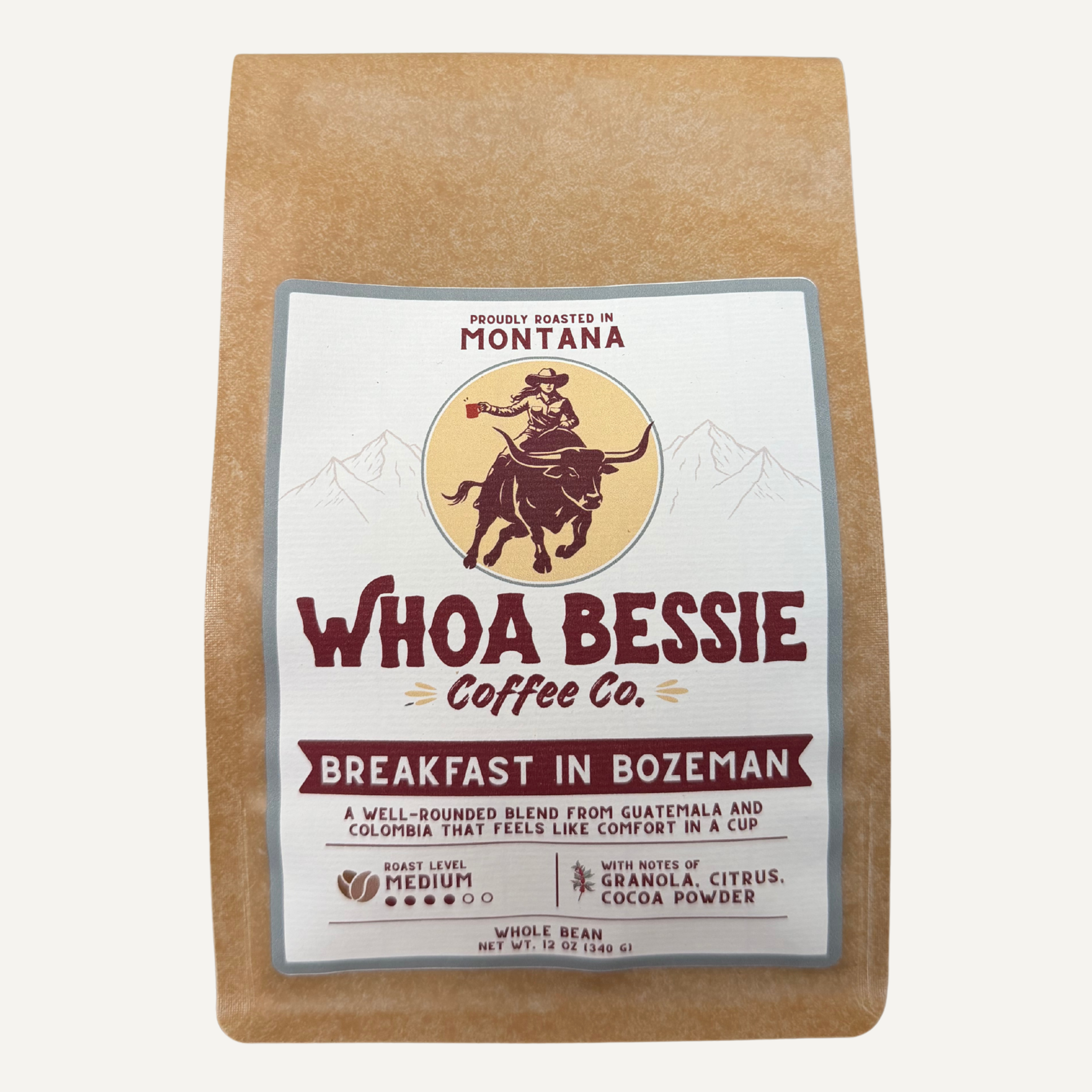 Whoa Bessie Coffee Co. packaging with a label on a white background
