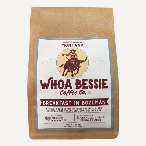 Whoa Bessie Coffee Co. packaging with a label on a white background